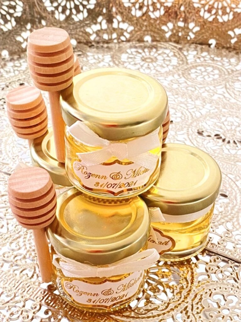 Pots de miel personnalisés étiquettes dorés+ cuillère en bois