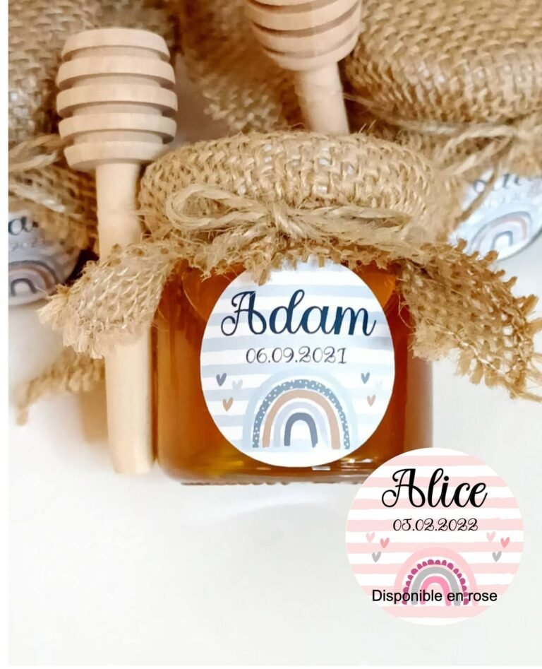 Pots de miel Arc-en-Ciel personnalisés + cuillère en bois